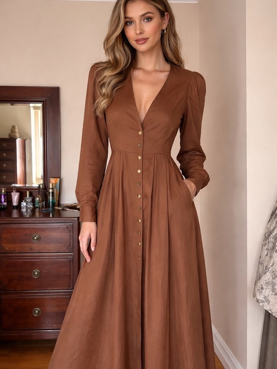 Zara Dresses & Skirts - Zara Brown Button-Front V-Neck Maxi Dress